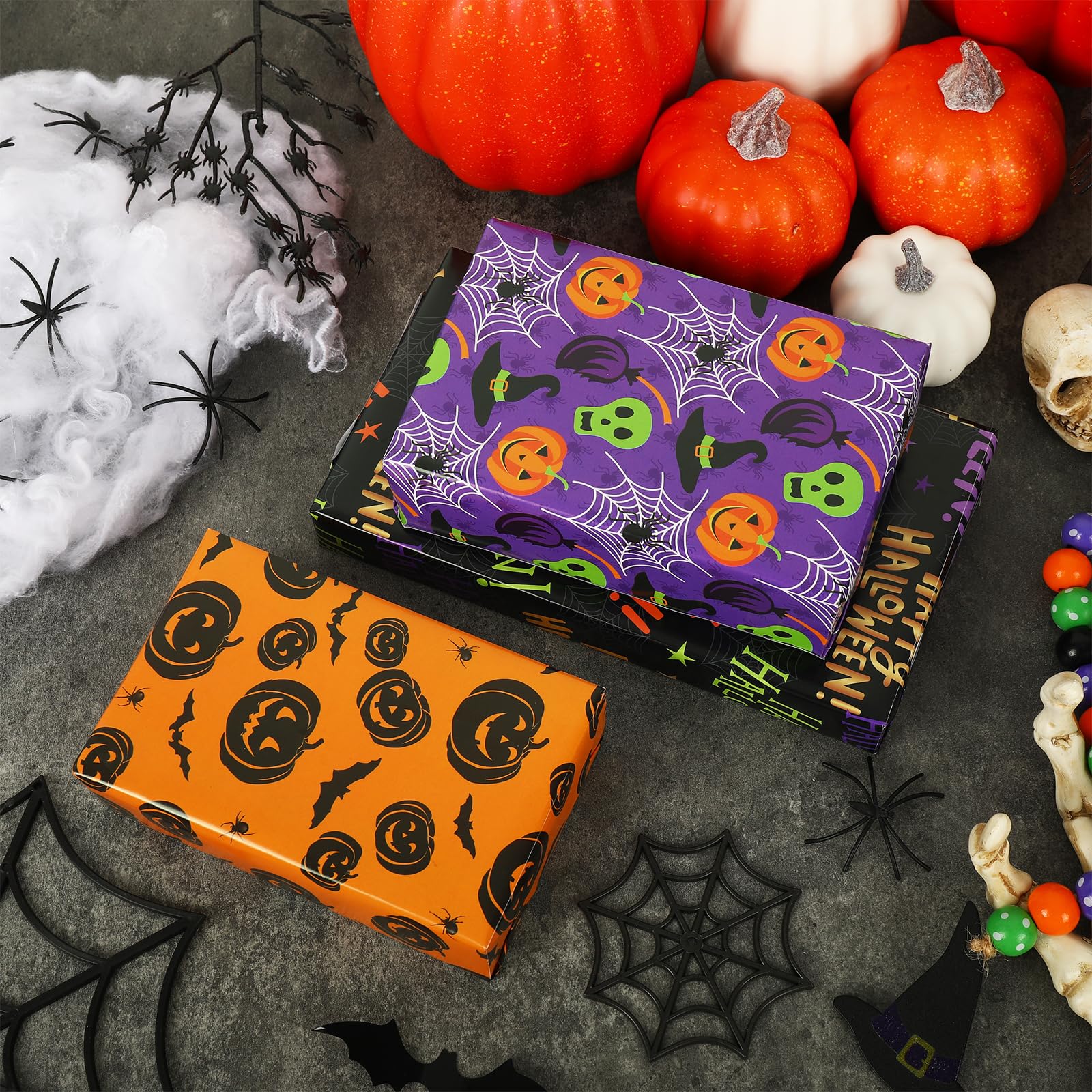 AnyDesign 12 Sheet Halloween Wrapping Paper Pumpkin Spider Webs Dot Gift Wrap Paper Bulk Folded Flat Scary Decorative DIY Art Craft Paper for Halloween Birthday Party Gift Decor, 19.7 x 27.6 Inch