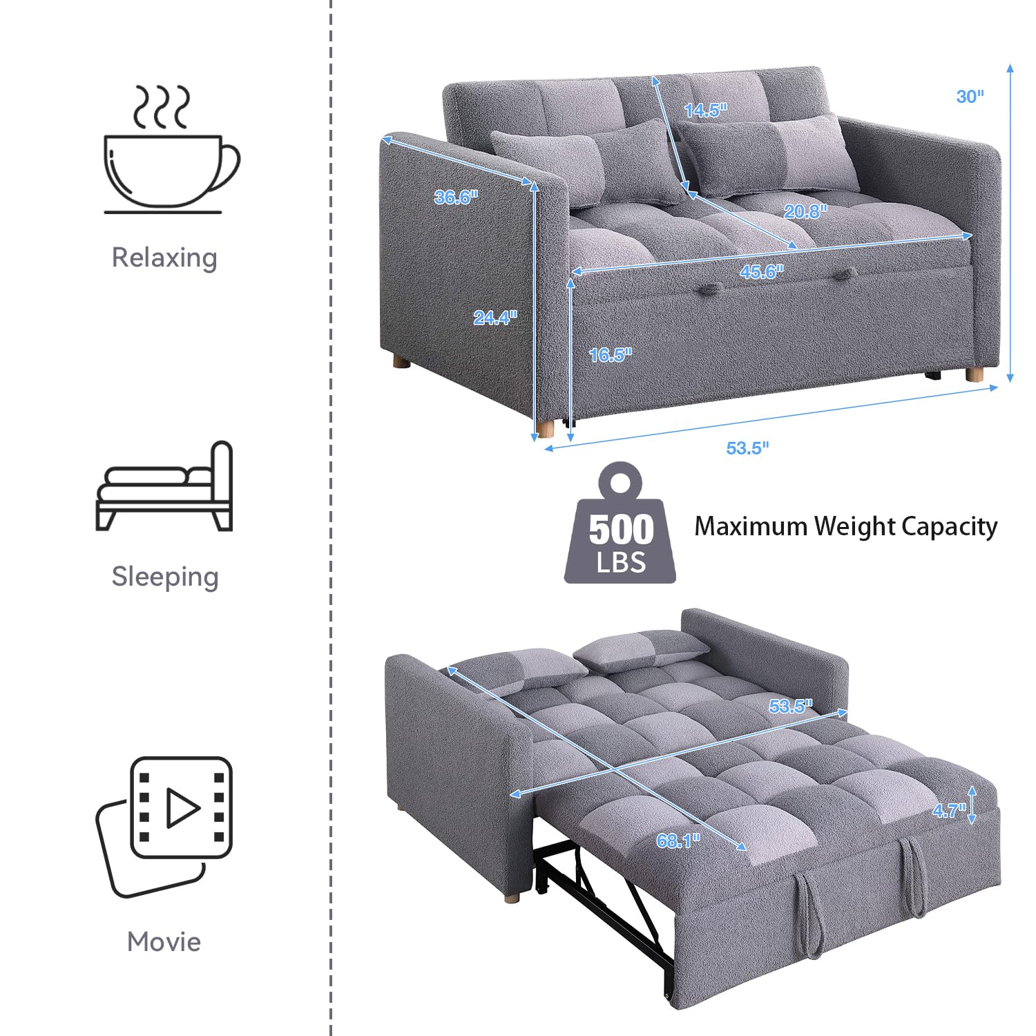 Gangnamri Loveseat Sleeper Sofa, Pull Out Sofa Bed with Adjustable Backrest and Pillows, Teddy Fabric Couch Bed for Living Room, Apartment and Small Space (Deep Grey+Light Grey)