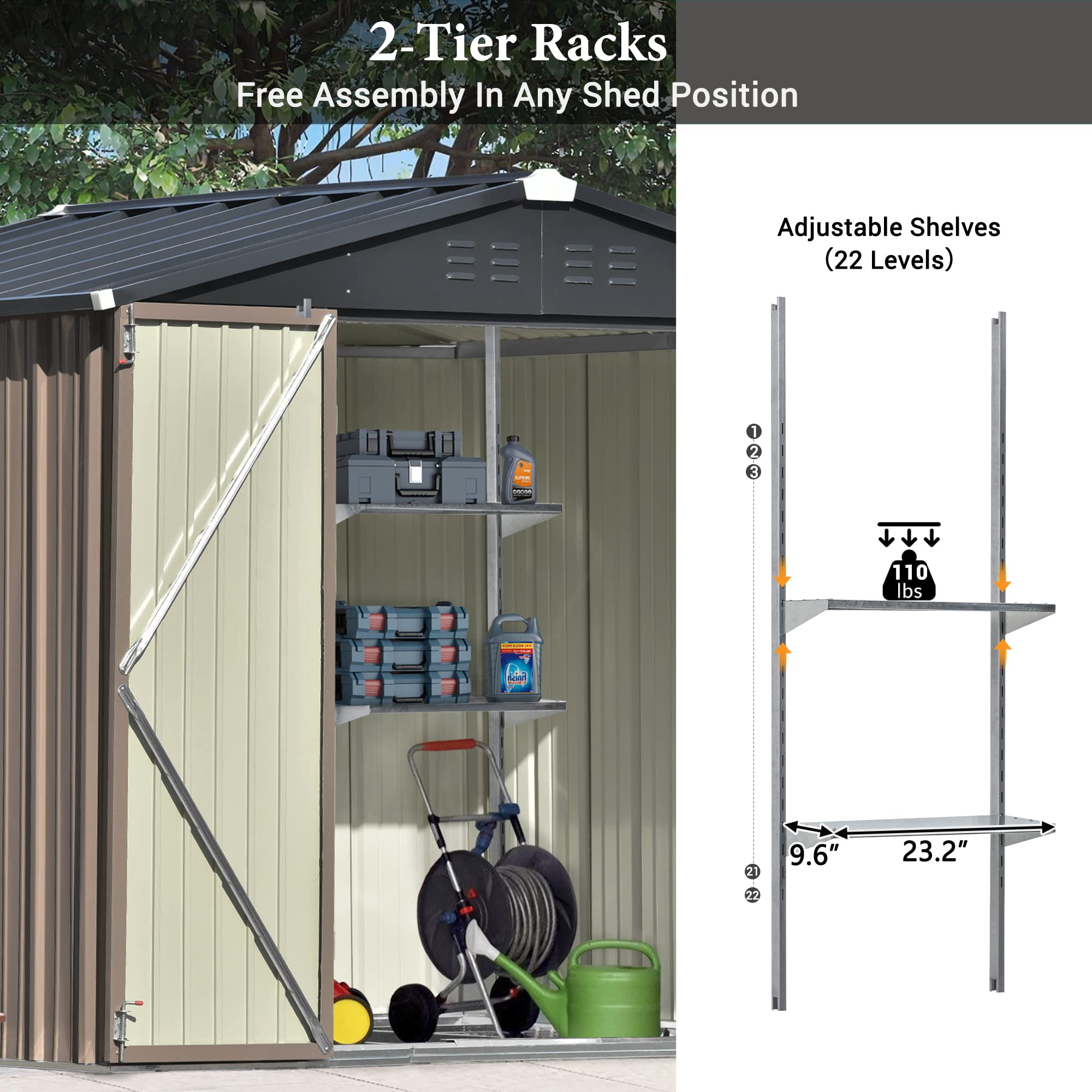 RITSU 8ft x 6ft Outdoor Garden Shed, Metal Storage Shed with Adjustable Shelf and Lockable Doors, Galvanized Steel Tool Cabinet with Vents and Foundation Frame Shed for Backyard, Lawn, Garden, Brown