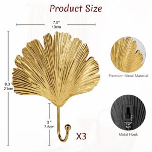 Towel Hook Brushed Gold Leave Shape Hook Brass Coat Robe Key Holder Decorative Hanger for Bathroom Kitchen Garage Wall Mounted (Pack of 3)