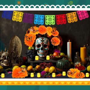 Newwiee 82 Pcs Day of the Dead Altar Kit Flameless LED Candle Paper Marigold Flower Fan Monarch Butterfly Papel Picado Banner Disposable Tablecloth for Dia De Los Muertos Altar Diwali(Cute Color)