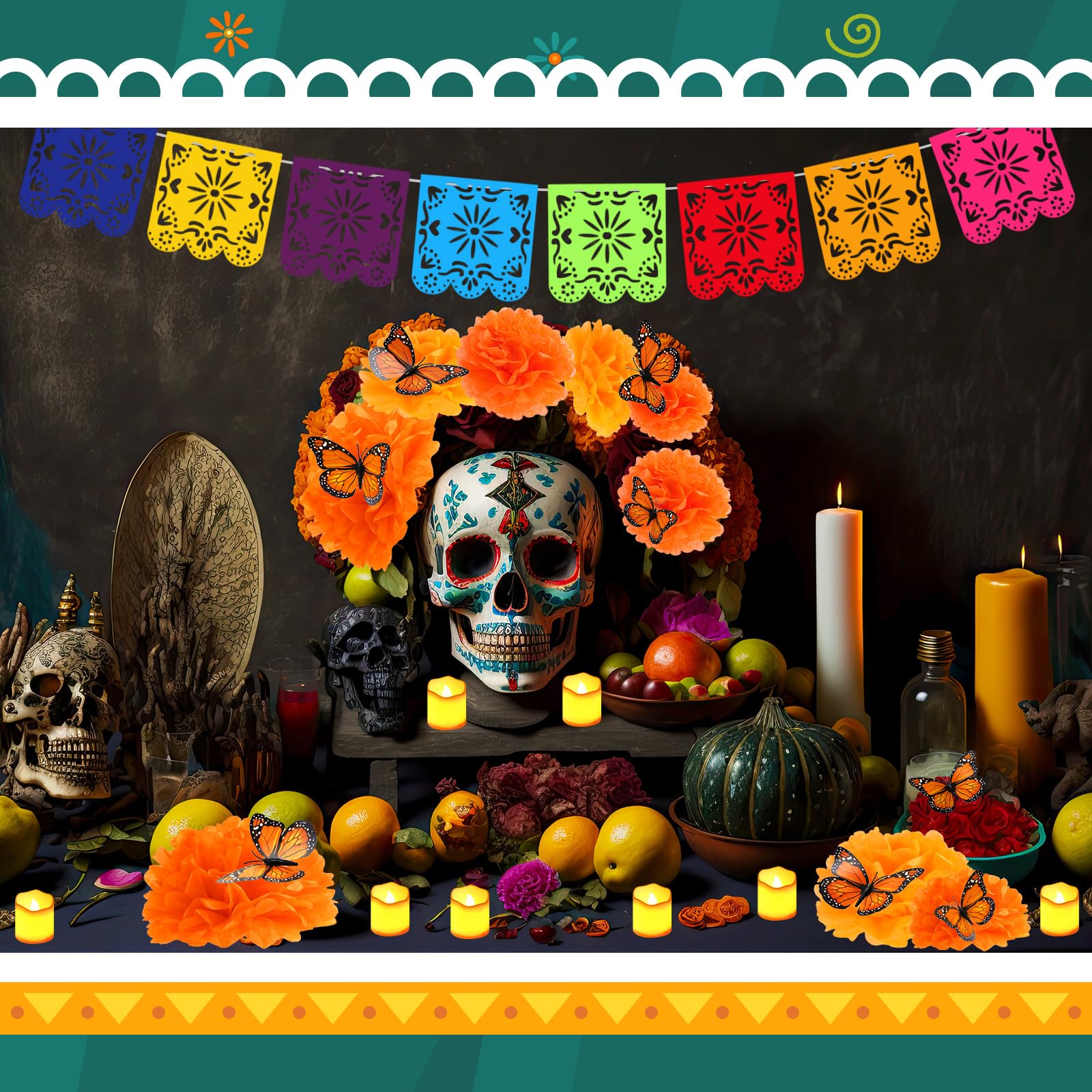 Newwiee 82 Pcs Day of the Dead Altar Kit Flameless LED Candle Paper Marigold Flower Fan Monarch Butterfly Papel Picado Banner Disposable Tablecloth for Dia De Los Muertos Altar Diwali(Cute Color)