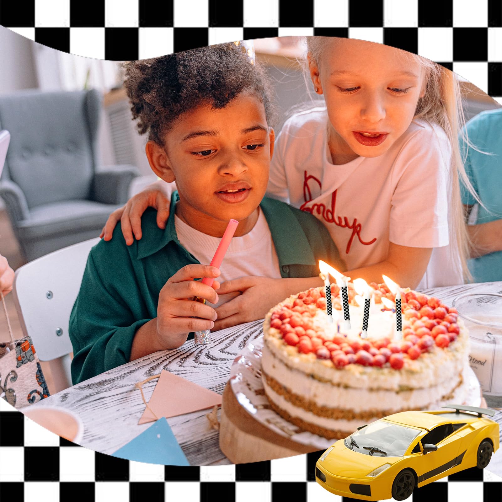 12pcs Racing Cars Themed Birthday Sparkler Candles, Black and White Checkered Flag Birthday Cake Candles Cake Topper Candle Birthday Cake Decorations for Racing Car Party Favors Baby Shower Kids Boys