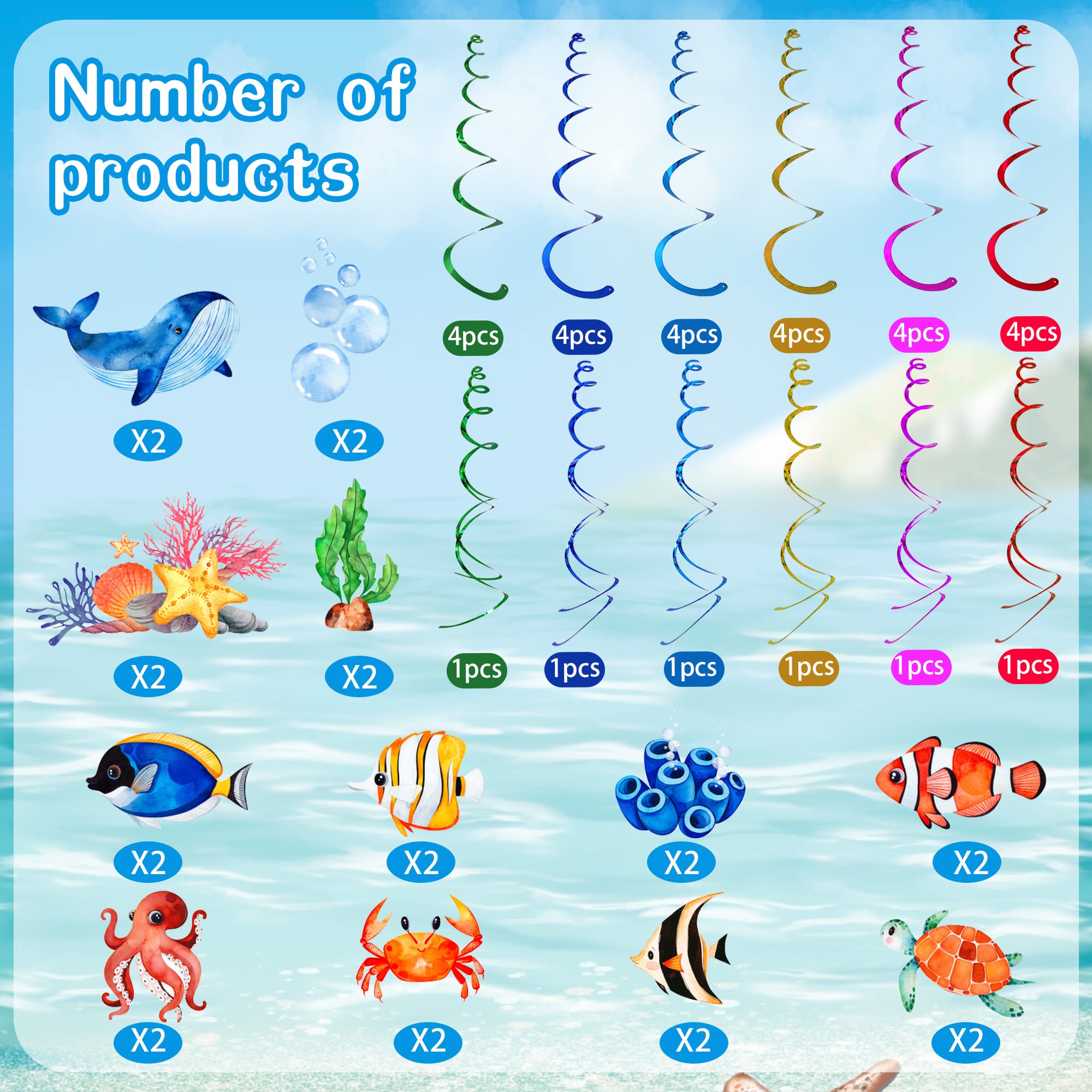 54 Pcs Under The Sea Party Decorations Ceiling Hanging Swirls Ocean Party Decorations Sea Animals Fish Themed Party Supplies Baby Shower Mermaid Birthday Beach Party Favor for Kids Boys Girls