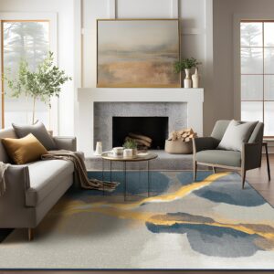 phantoscope geometry collection area rug 4'x6' - washable rug boho rugs non-slip for living room, bedroom, dining room, dorm, indoor low-pile carpet modern accent rug, deep grey/gold