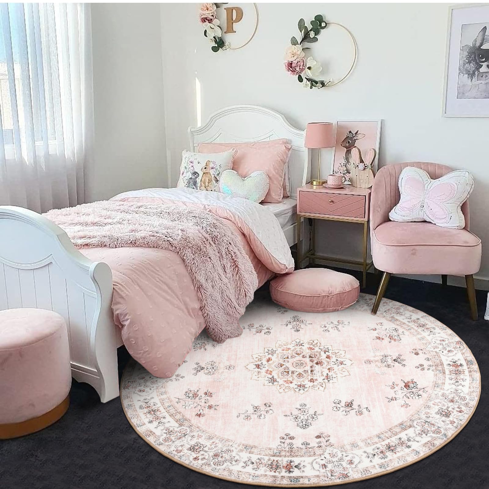 Lahome Washable Pink Round Rug 4ft, Soft Boho Circle Rug for Nursery and Girls, Small Floral Round Area Rug Non-Slip, Pastel Circular Carpet for Bedroom Indoor Floor Home Office Decor