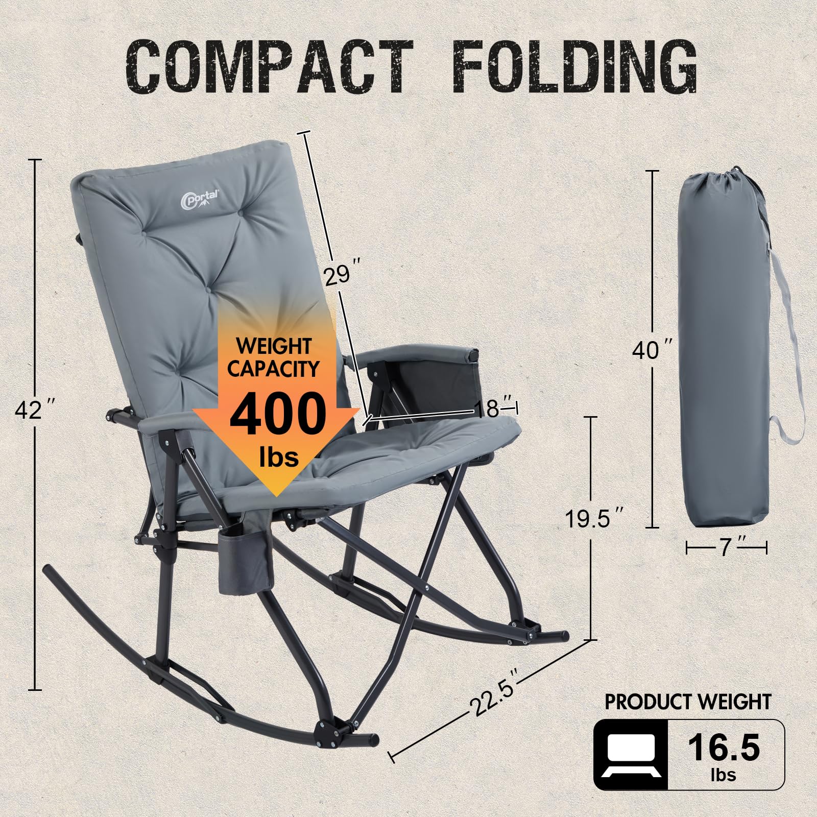 PORTAL Folding Rocking Chair Indoor & Outdoor Thick Padded Rocking Recliner Chair Portable Camping Rocker for Patio Front Porch Backyard Lawn Living Room, Supports 400 LBS, Grey