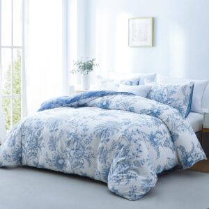 BOLINLIVING Floral Duvet Cover Queen Size 3 Pieces, Flower Duvet Cover with 2 Pillow Shams, Soft Floral Bedding Set White and Blue for All Season, Breathable, Zipper Closure…