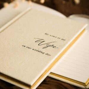 MUUJEE Hard Cover Vow Books (Set of 2) - Cream Canvas Linen Foil Embossed Wedding Ceremony Vow Renewal Speech Books, Couple Gifts for Engagement (To My Husband/Wife)