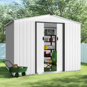 Crownland Outdoor 6 x 8 Feet Storage Shed Backyard Garden Vented Tool House with Sliding Door Outdoor Lawn Steel Roof Sheds (Cool White)