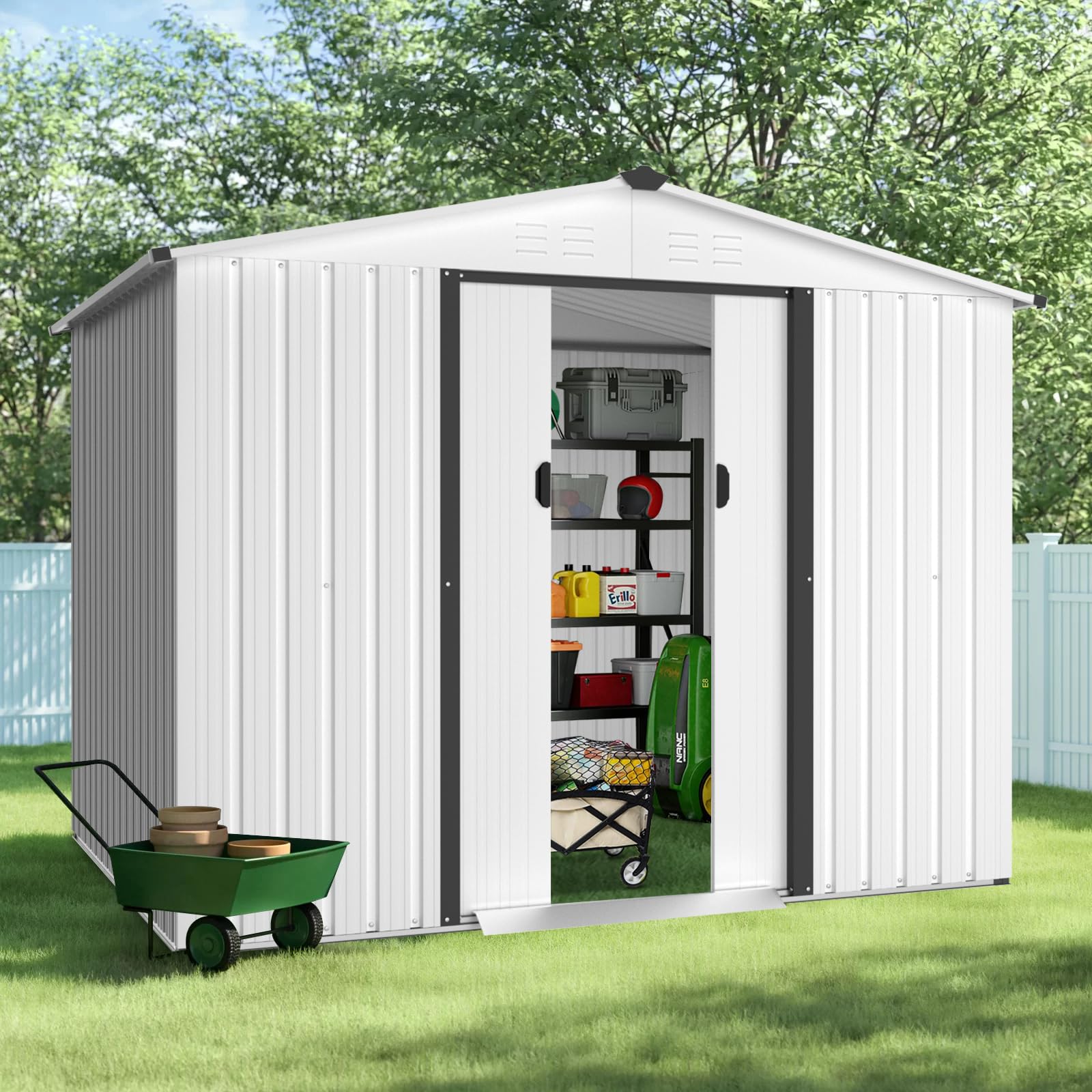 Crownland Outdoor 6 x 8 Feet Storage Shed Backyard Garden Vented Tool House with Sliding Door Outdoor Lawn Steel Roof Sheds (Cool White)