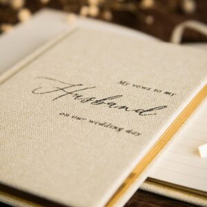 MUUJEE Hard Cover Vow Books (Set of 2) - Cream Canvas Linen Foil Embossed Wedding Ceremony Vow Renewal Speech Books, Couple Gifts for Engagement (To My Husband/Wife)