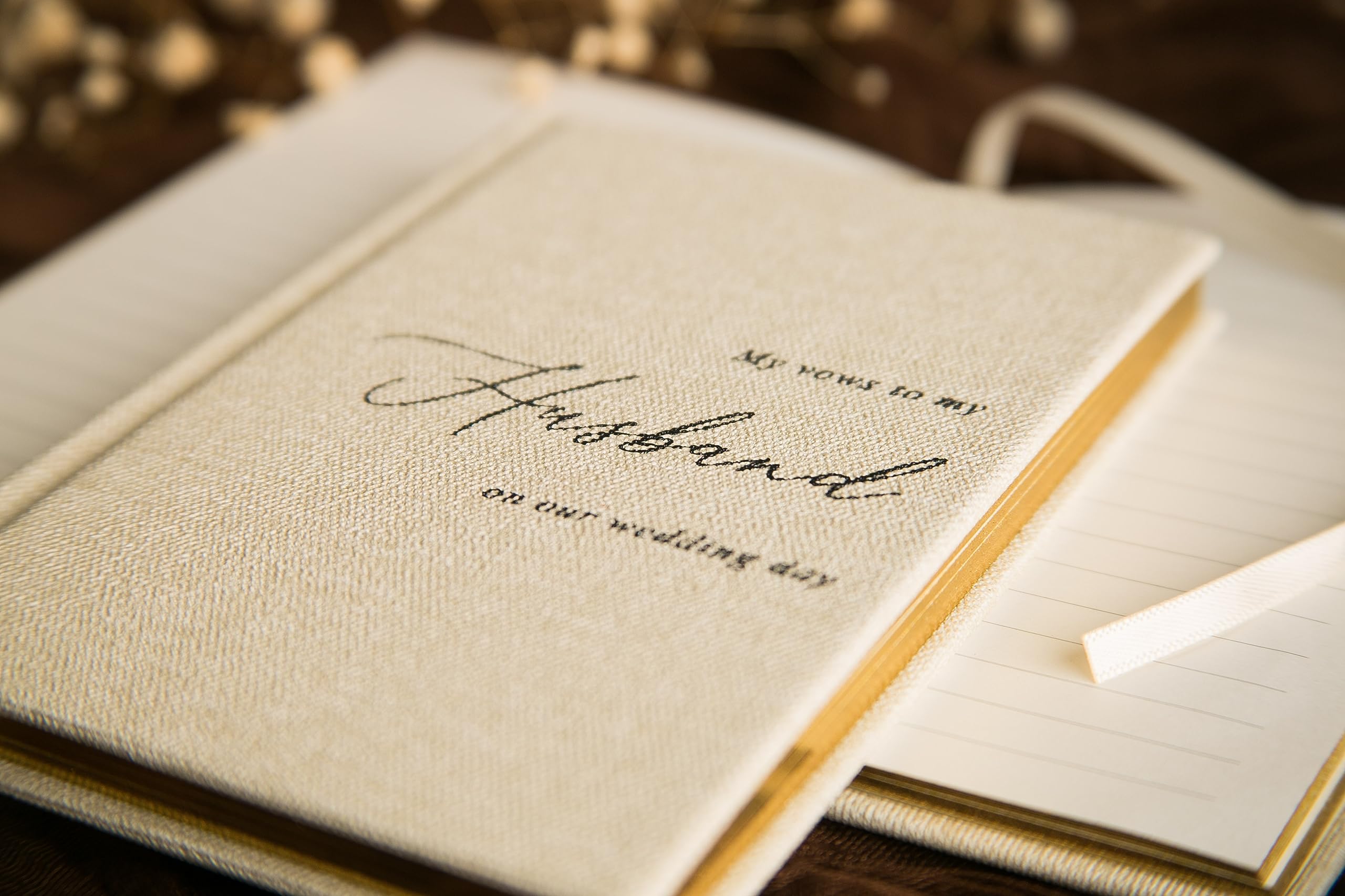 MUUJEE Hard Cover Vow Books (Set of 2) - Cream Canvas Linen Foil Embossed Wedding Ceremony Vow Renewal Speech Books, Couple Gifts for Engagement (To My Husband/Wife)