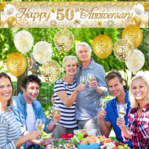 50th Wedding Anniversary Decorations White Gold Happy 50th Anniversary Yard Banner and 18Pcs 50th Golden Wedding Anniversary Balloons for 50th Golden Wedding Anniversary Party Decorations