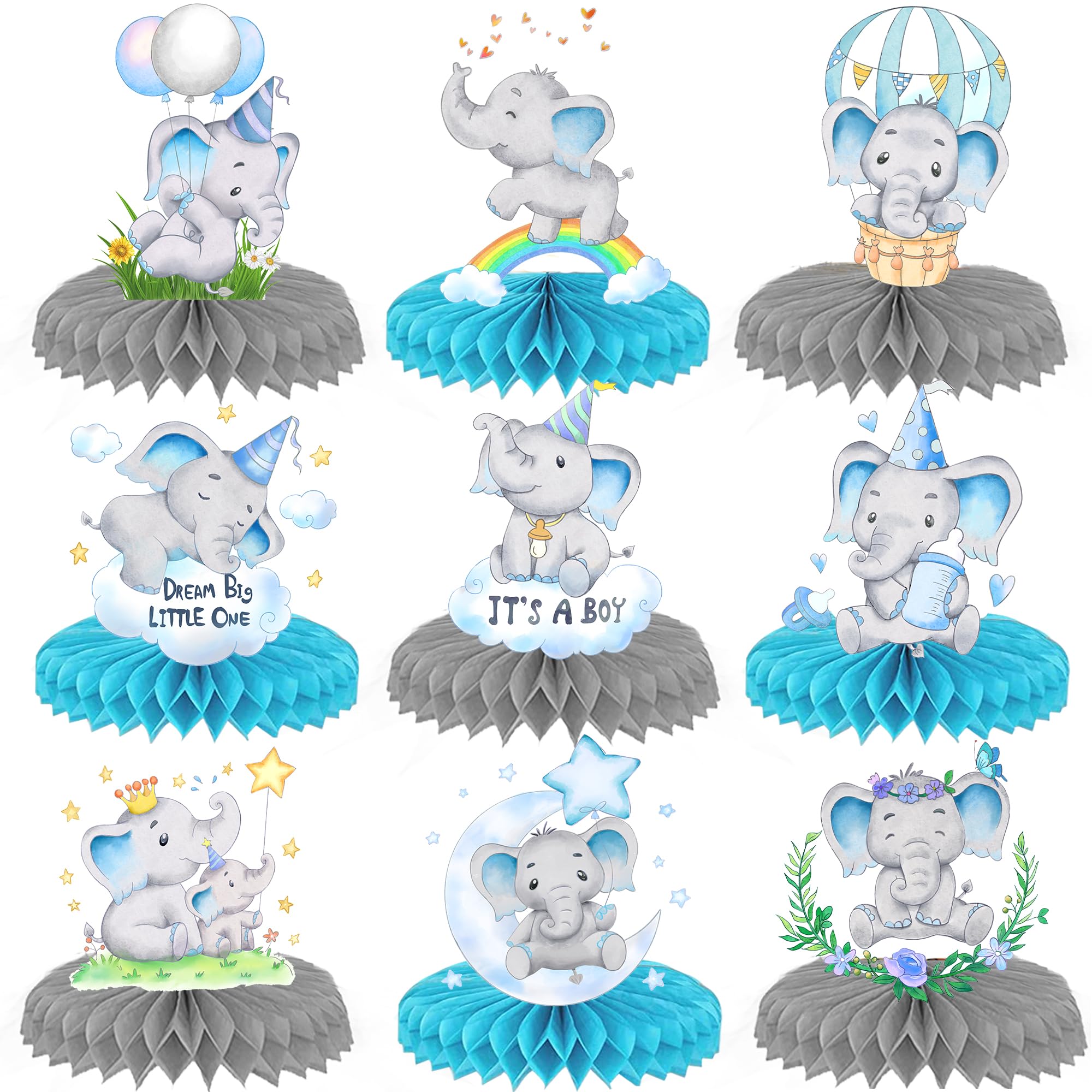 9pcs Blue Elephant Honeycomb Centerpieces Elephant Baby Shower Decorations for Boy Elephant Baby Shower Centerpieces Birthday Party Supplies Table Toppers for Elephant It's A Boy Party Favors for Kids