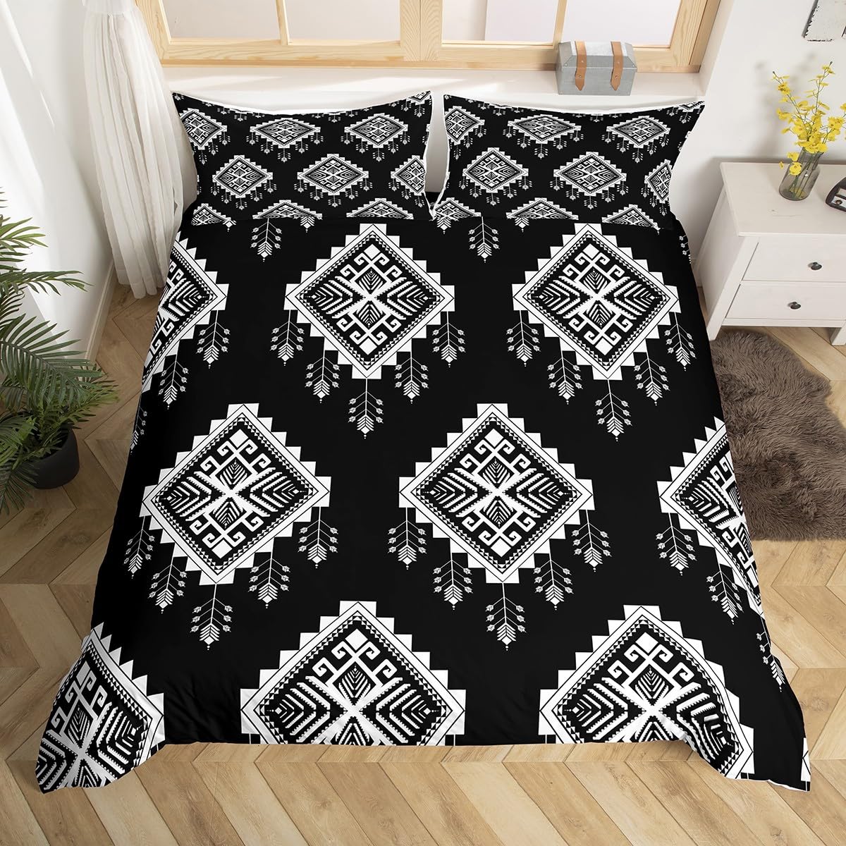 Erosebridal Western Aztec Bedding Set Exotic Tribal Mexican Bohemian Comforter Cover Black White Boho Aztec Duvet Cover for Teen Boys Adults Men Geometric Ethnic Bedspread Cover 2 Pillow Cases King