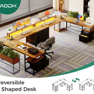 AODK 66" L Shaped Computer Desk, 113“ Reversible Home Office Desk with File Cabinet & 4 Fabric Drawers, Two Person Desk with LED Lights & Power Outlet, Corner Gaming Desk with Monitor Shelf, Vintage