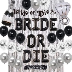 bride or die bachelorette party decorations - black and silver bride or die balloons,banner foil curtain and bride to be sash for bridal shower engagement wedding bachelorette party supplies