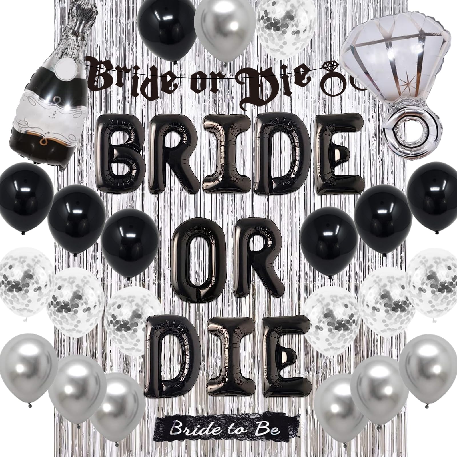 Bride or Die Bachelorette Party Decorations - Black and Silver Bride or Die Balloons,Banner Foil Curtain and Bride To Be Sash for Bridal Shower Engagement Wedding Bachelorette Party Supplies