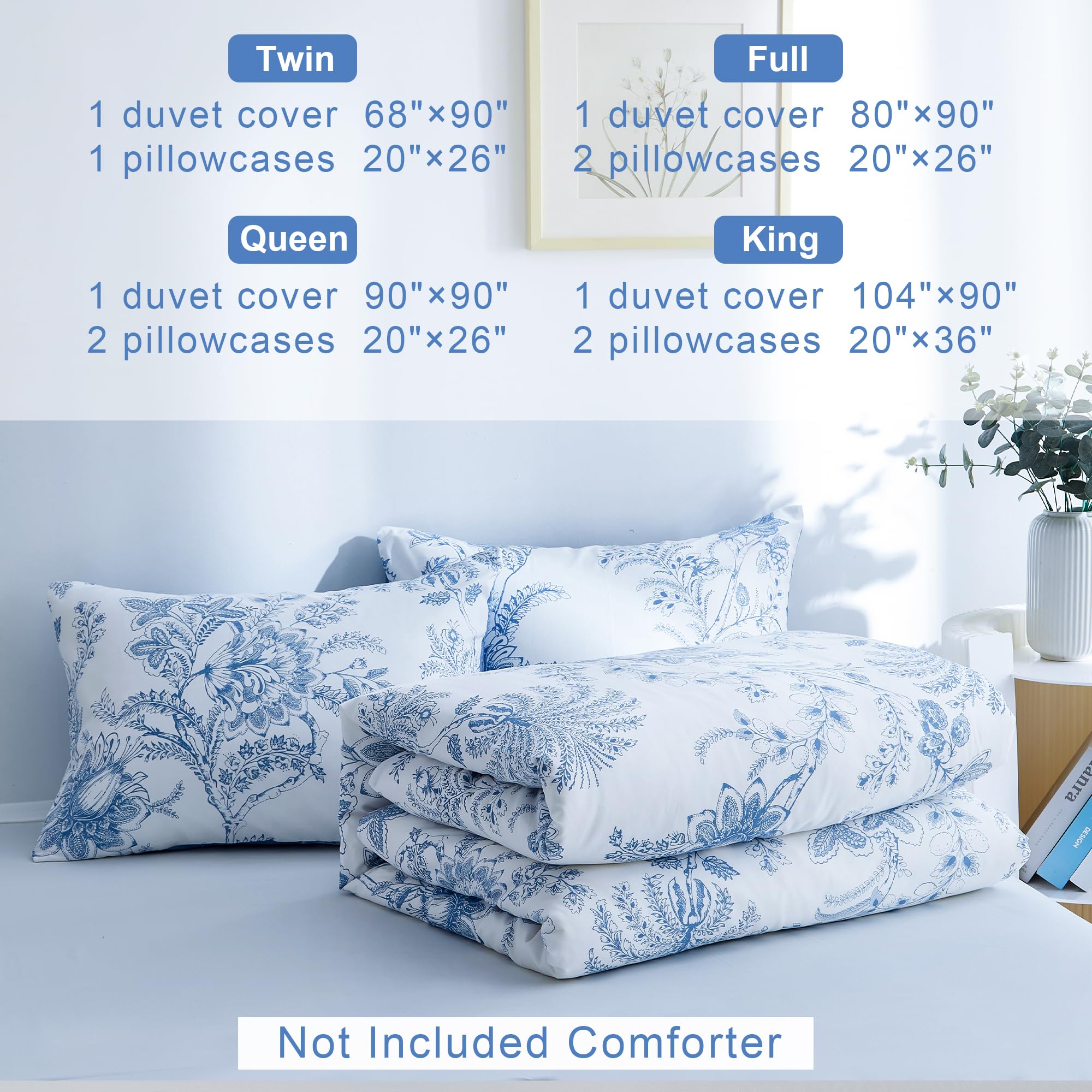 BOLINLIVING Floral Duvet Cover Queen Size 3 Pieces, Flower Duvet Cover with 2 Pillow Shams, Soft Floral Bedding Set White and Blue for All Season, Breathable, Zipper Closure…