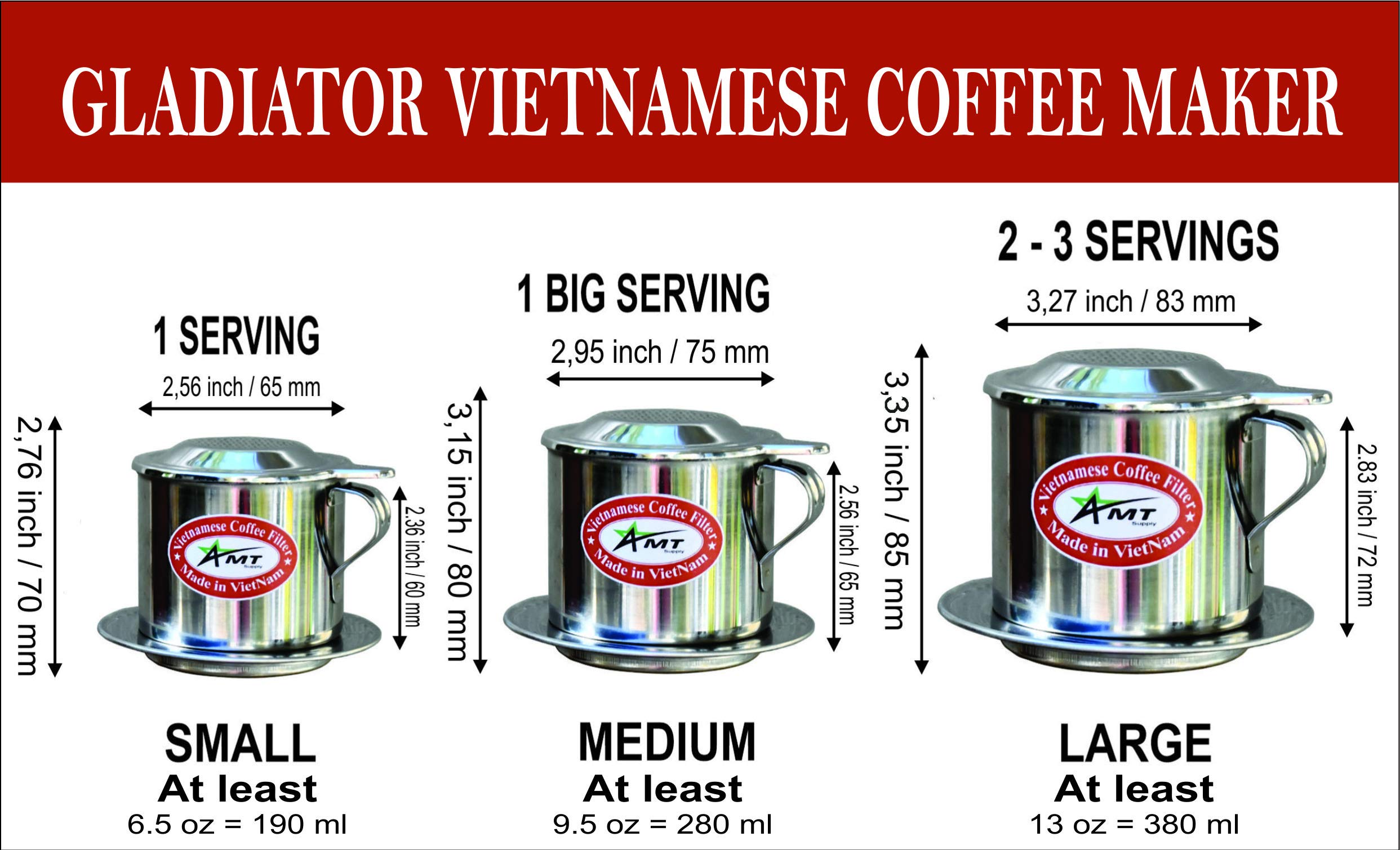 AMT 6.5 OZ Vietnamese Coffee Maker Coffee Filter, 2-3 Servings Phin, Screw Down Coffee Vietnamese Coffee Dripper for Vietnamese Style at Home Office (6.5 OZ - Handle)