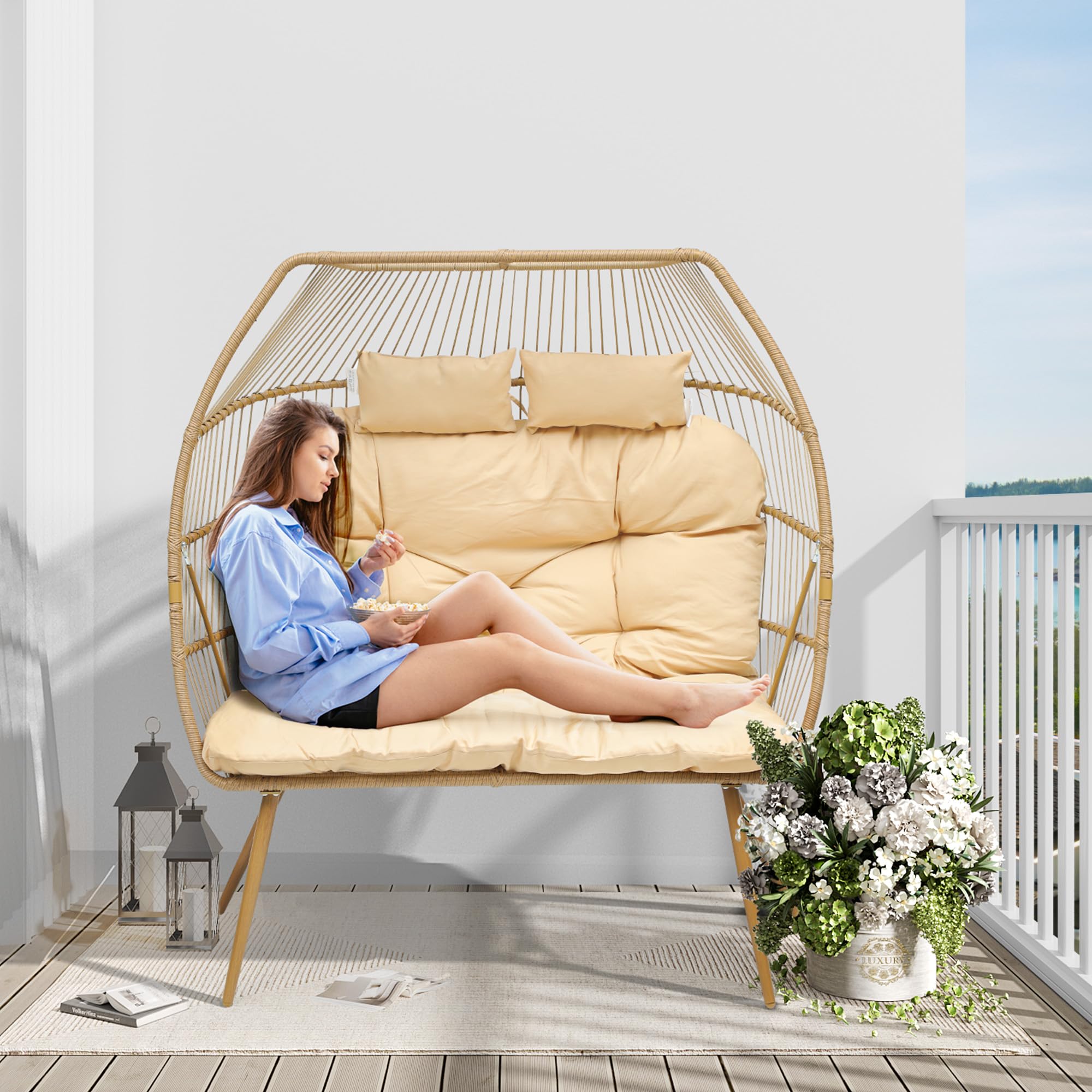 YITAHOME Hanging Egg Swing Chair with Stand Egg Chair Wicker Indoor Outdoor Hammock Egg Chair with Cushions 330lbs for Patio, Bedroom, Garden and Balcony, Beige