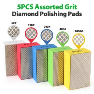 Diamond Hand Polishing Pads, 5PCS Diamond Sanding Pads 60/120/240/400/1000 Grit Sanding Block Foam Backing for Tile Glass Stone Marble Granite Ceramics Metal Wet&Dry