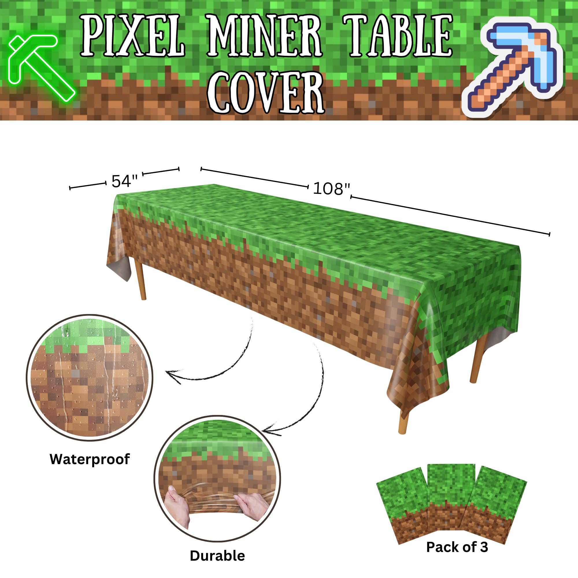 Blue Orchards Pixel Miner Table Cover (Pack of 3) - 54"x108" XL - Gamer Party Supplies, Gamer Birthday Decorations, Mining Craft Party Supplies, Pixel Miner Party, Gamer Birthday Party