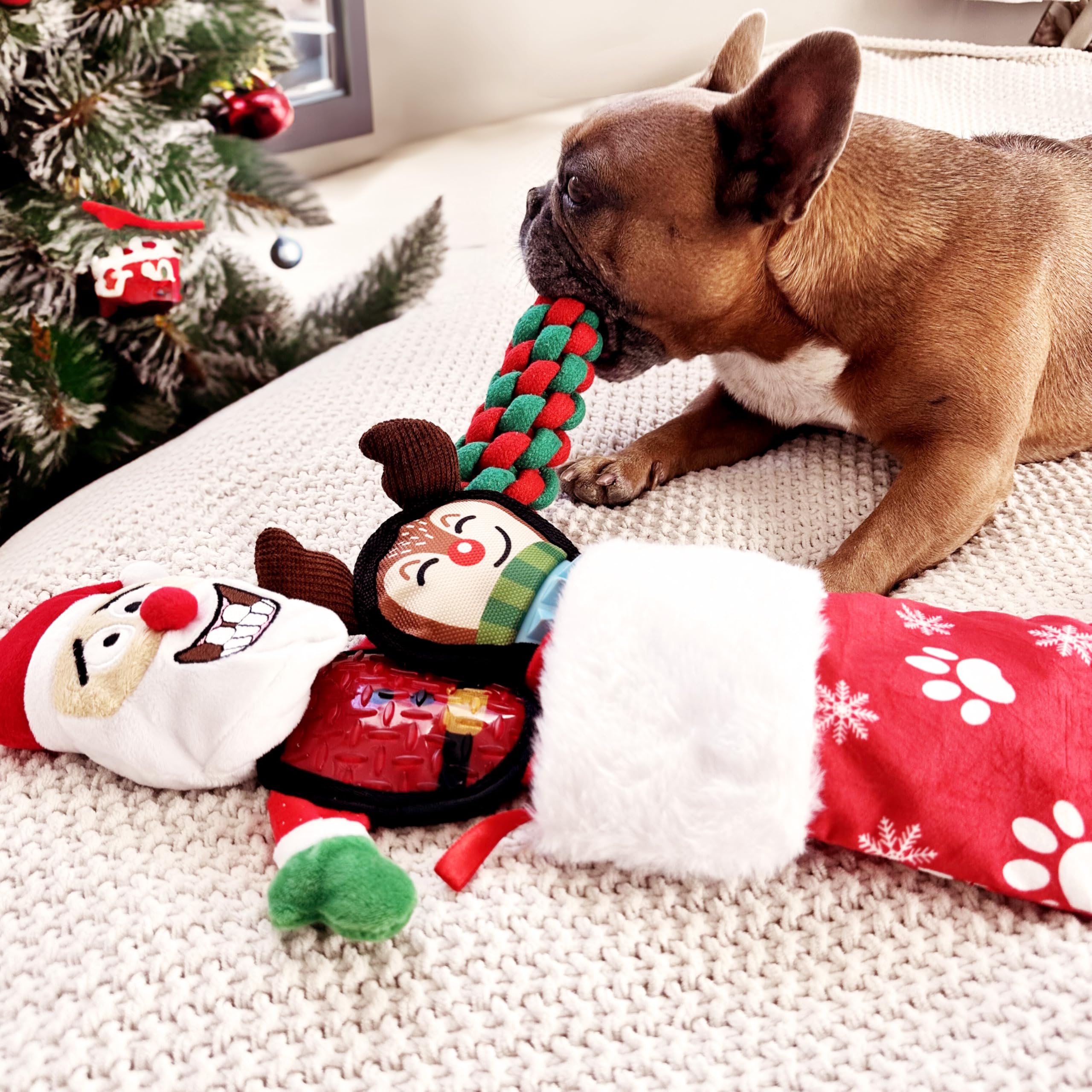 DOGZSTUFF Christmas Dog Toys with Dog Christmas Stocking - 3 Pack Durable Squeaky Xmas Dog Toys for Small Medium and Large Dogs Plus Reusable Holiday Stocking