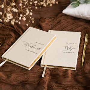 MUUJEE Hard Cover Vow Books (Set of 2) - Cream Canvas Linen Foil Embossed Wedding Ceremony Vow Renewal Speech Books, Couple Gifts for Engagement (To My Husband/Wife)