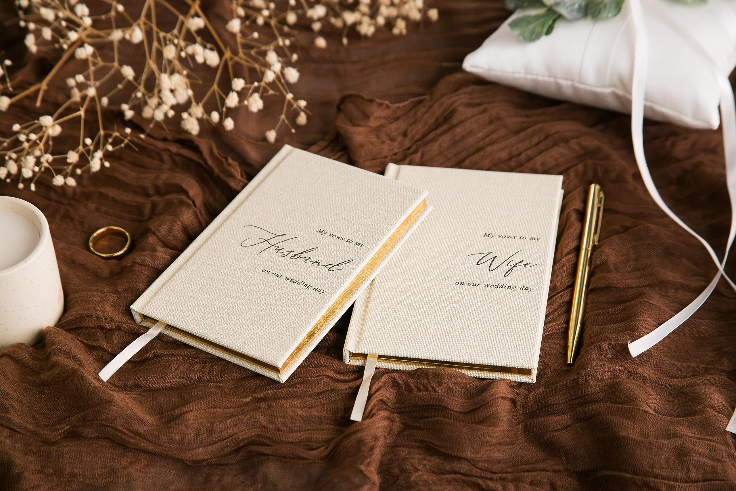 MUUJEE Hard Cover Vow Books (Set of 2) - Cream Canvas Linen Foil Embossed Wedding Ceremony Vow Renewal Speech Books, Couple Gifts for Engagement (To My Husband/Wife)