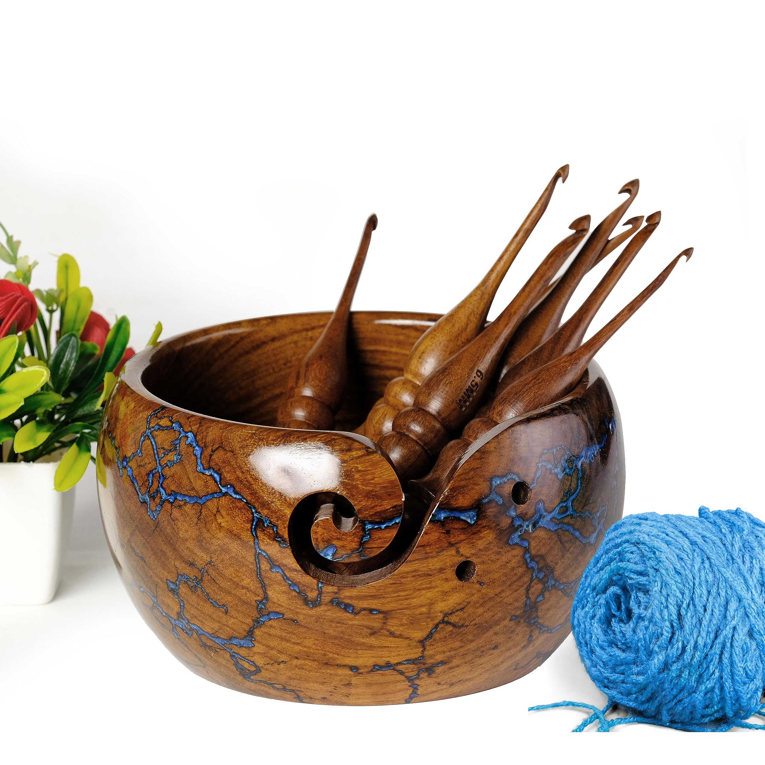 Personalized Rosewood Lichtenberg Wooden Storage Yarn Bowl, Bowl Holder & Dispenser for Tangle-Free Yarn Perfect Large Knitting & Crochet Bowl - Crochet Bowl Fractal Wood Burning & Resin Artwork