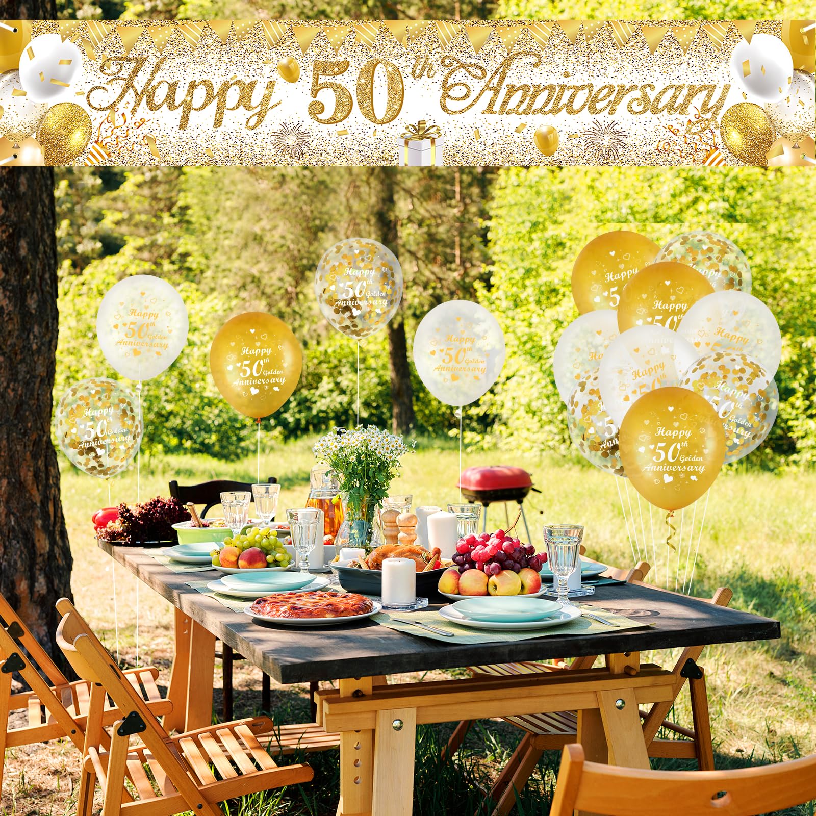 50th Wedding Anniversary Decorations White Gold Happy 50th Anniversary Yard Banner and 18Pcs 50th Golden Wedding Anniversary Balloons for 50th Golden Wedding Anniversary Party Decorations