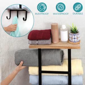 Belle Vous Wall-Mounted Towel Rack with Shelf and 3 Hooks - W13.5 x H21 Inches - Wooden Storage Shelf with Black Metal Bars for Towels - Folded/Rolled Towel Organizer Holder for Bathroom