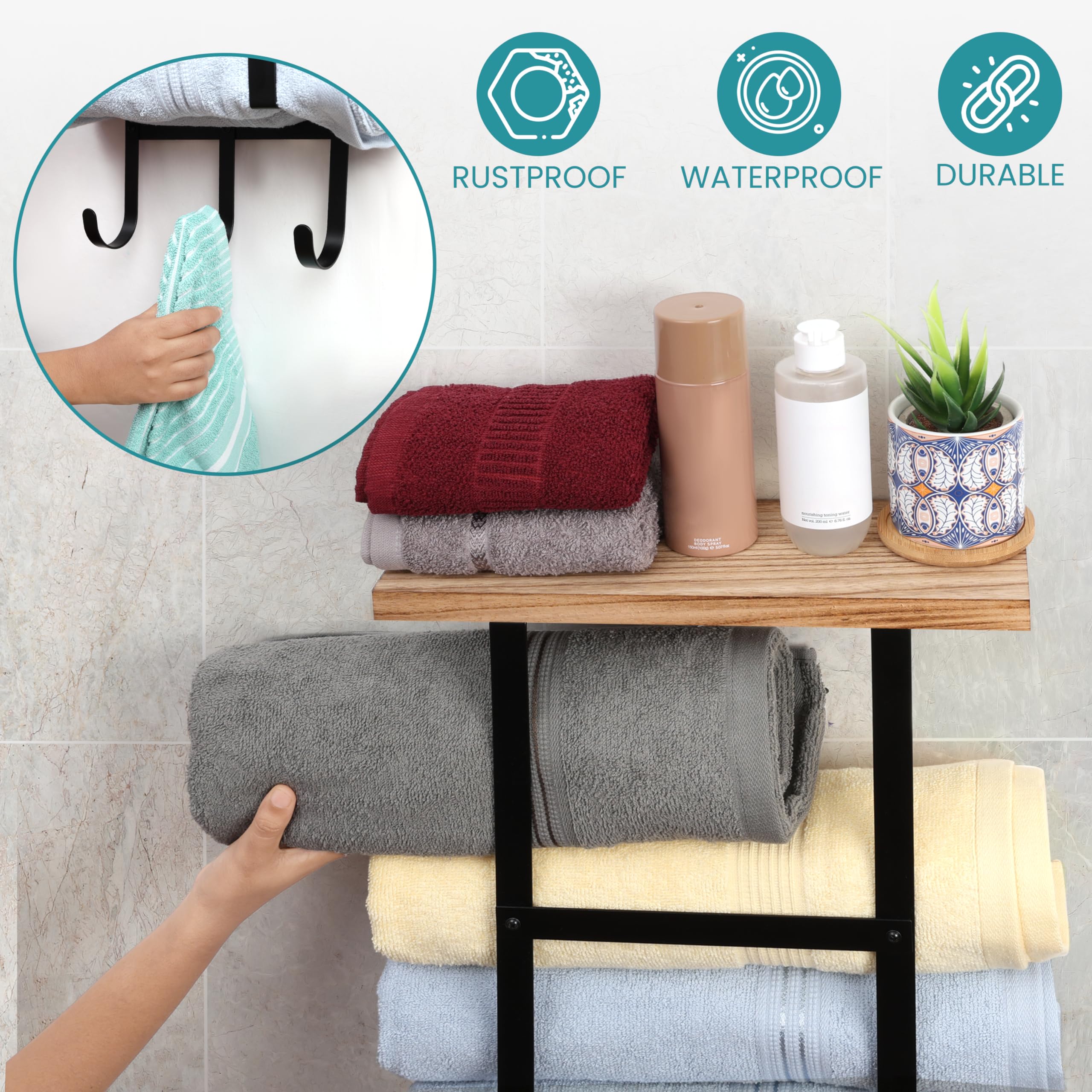 Belle Vous Wall-Mounted Towel Rack with Shelf and 3 Hooks - W13.5 x H21 Inches - Wooden Storage Shelf with Black Metal Bars for Towels - Folded/Rolled Towel Organizer Holder for Bathroom