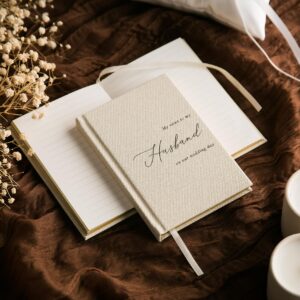 MUUJEE Hard Cover Vow Books (Set of 2) - Cream Canvas Linen Foil Embossed Wedding Ceremony Vow Renewal Speech Books, Couple Gifts for Engagement (To My Husband/Wife)