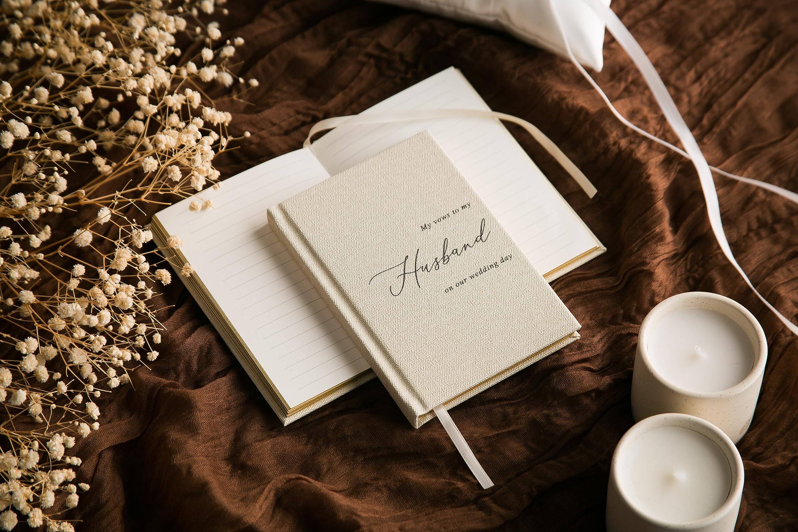 MUUJEE Hard Cover Vow Books (Set of 2) - Cream Canvas Linen Foil Embossed Wedding Ceremony Vow Renewal Speech Books, Couple Gifts for Engagement (To My Husband/Wife)