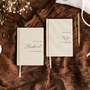 MUUJEE Hard Cover Vow Books (Set of 2) - Cream Canvas Linen Foil Embossed Wedding Ceremony Vow Renewal Speech Books, Couple Gifts for Engagement (To My Husband/Wife)