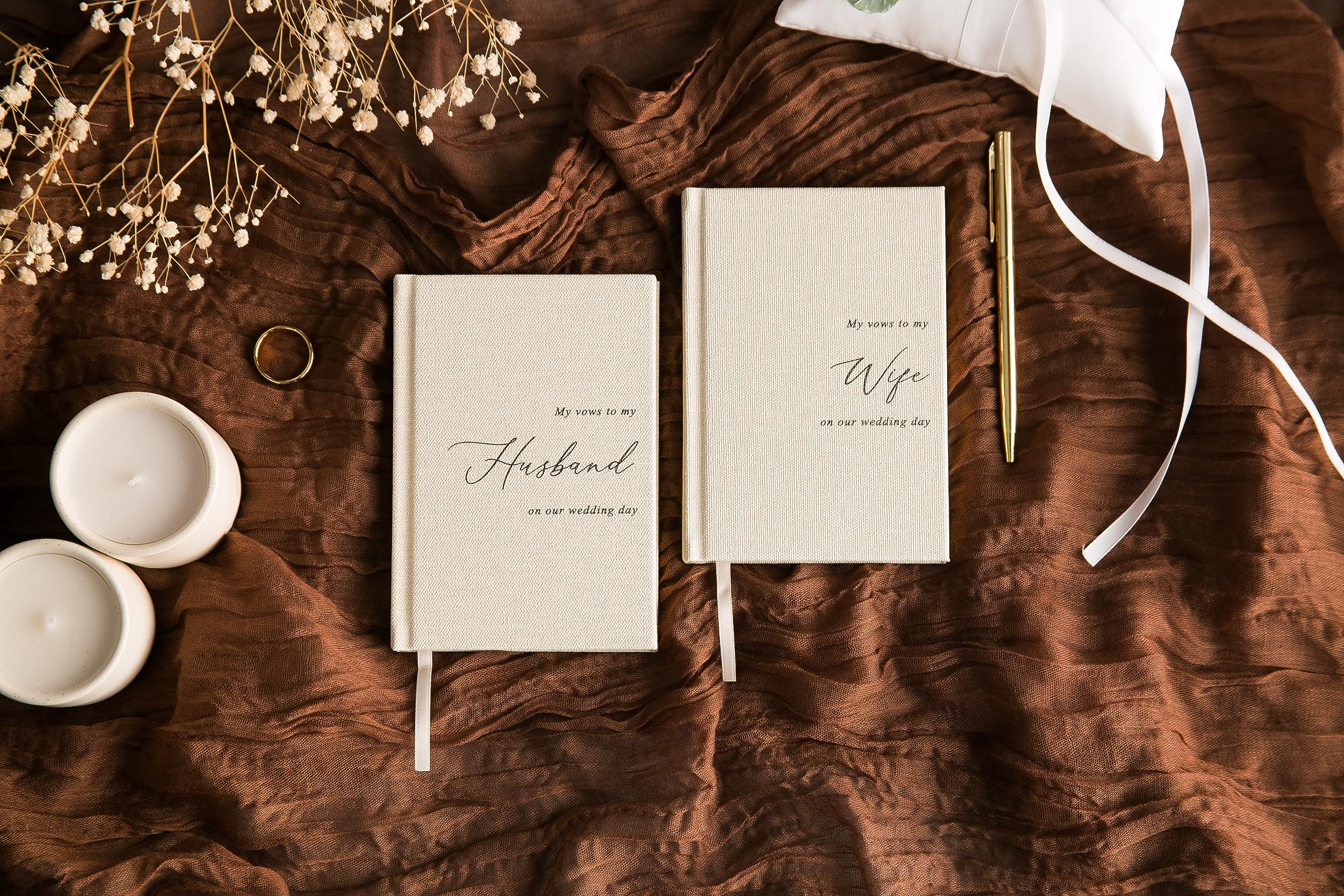 MUUJEE Hard Cover Vow Books (Set of 2) - Cream Canvas Linen Foil Embossed Wedding Ceremony Vow Renewal Speech Books, Couple Gifts for Engagement (To My Husband/Wife)