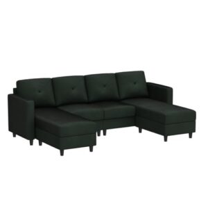 HONBAY U Shaped Sectional Sofa Convertible Couch with Double Chaises 4 Seat Sofa with Two Ottomans, Velvet Green