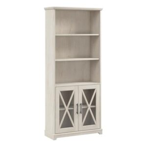 bush furniture lennox tall 5 shelf bookcase with glass doors in linen white oak | farmhouse bookshelf cabinet for living room and home office