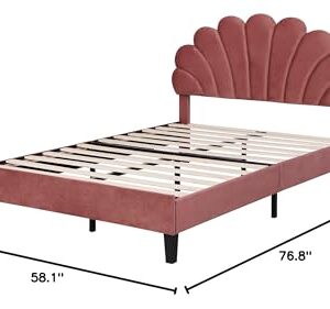 Harper & Bright Designs Full Size Upholstered Platform Bed with Flower Pattern Velvet Headboard, Bean Paste Red