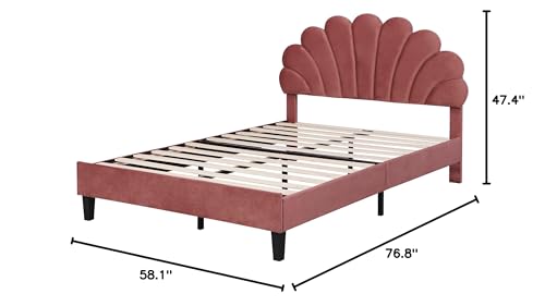 Harper & Bright Designs Full Size Upholstered Platform Bed with Flower Pattern Velvet Headboard, Bean Paste Red