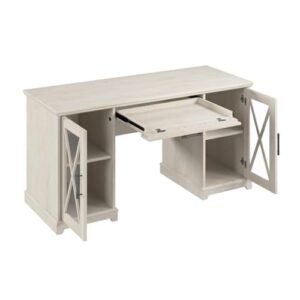 Bush Furniture Lennox Farmhouse Desk with Storage and Keyboard Tray | Computer Table for Home Office Workspace, 60W, Linen White Oak