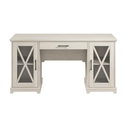 Bush Furniture Lennox Farmhouse Desk with Storage and Keyboard Tray | Computer Table for Home Office Workspace, 60W, Linen White Oak