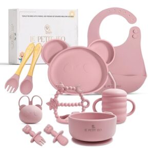 le petit leo silicone baby feeding set - complete baby led weaning supplies with silicone bibs, suction plates, suction bowl, sippy cup, baby spoon and fork, toddler utensils (angelic pink)