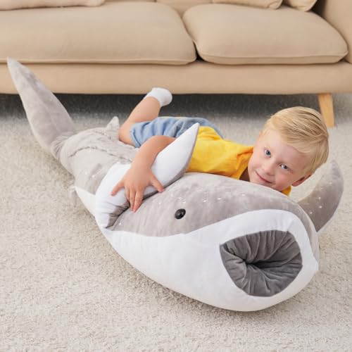 Zctghvy 48 inch Giant Whale Shark Stuffed Animal Toy Whale Plush Kids Pillow Grey Whale Shark Plush Toy Pillow Whale Shark Stuffed Animal