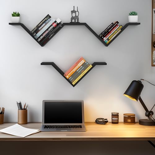 Mazjoaru Book Shelf for Wall Set of 2, Modern Hanging Bookshelf Wall Mounted Desktop Book Shelves Black Organizer for Bedroom Livingroom Office