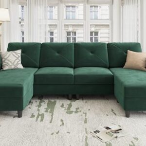 HONBAY U Shaped Sectional Sofa Convertible Couch with Double Chaises 4 Seat Sofa with Two Ottomans, Velvet Green