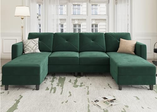 HONBAY U Shaped Sectional Sofa Convertible Couch with Double Chaises 4 Seat Sofa with Two Ottomans, Velvet Green